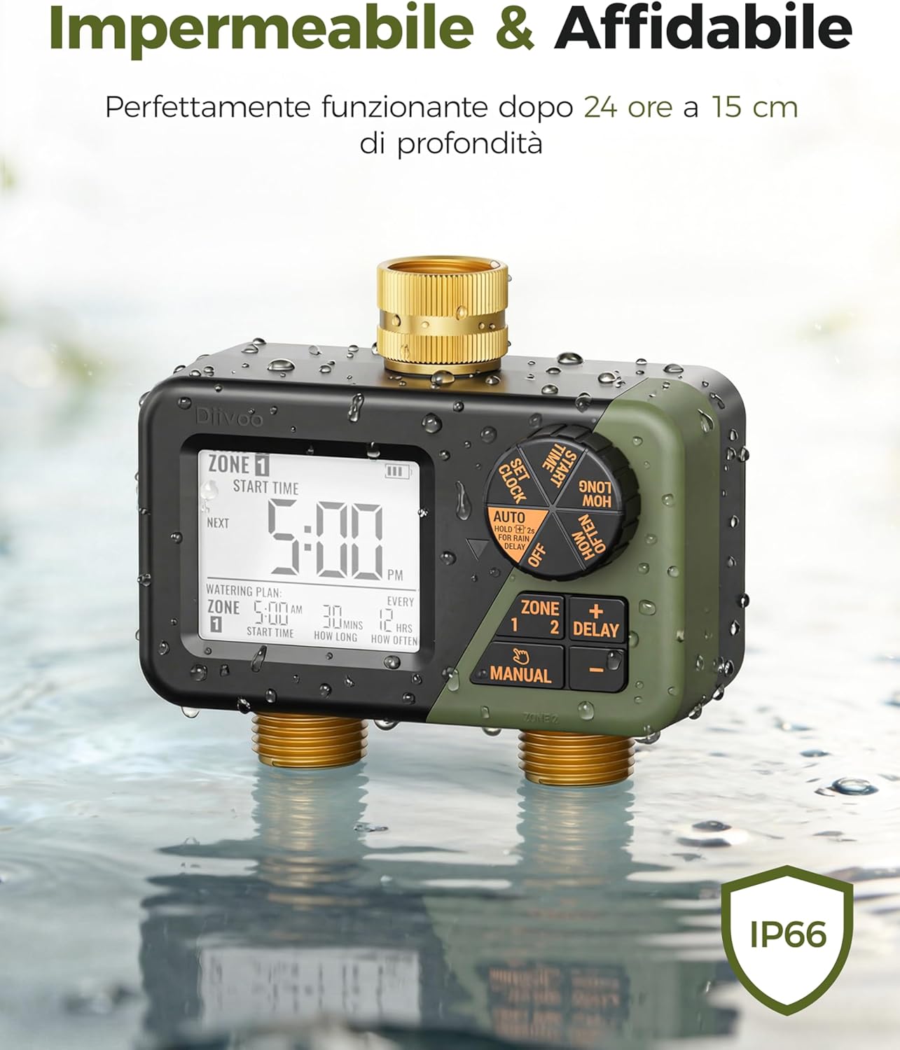 Thumbnail 4 de Diivoo Ottone Timer Irrigazione: Centralina a 2 Vie IP66 con Ritardo Pioggia e Controllo Manuale