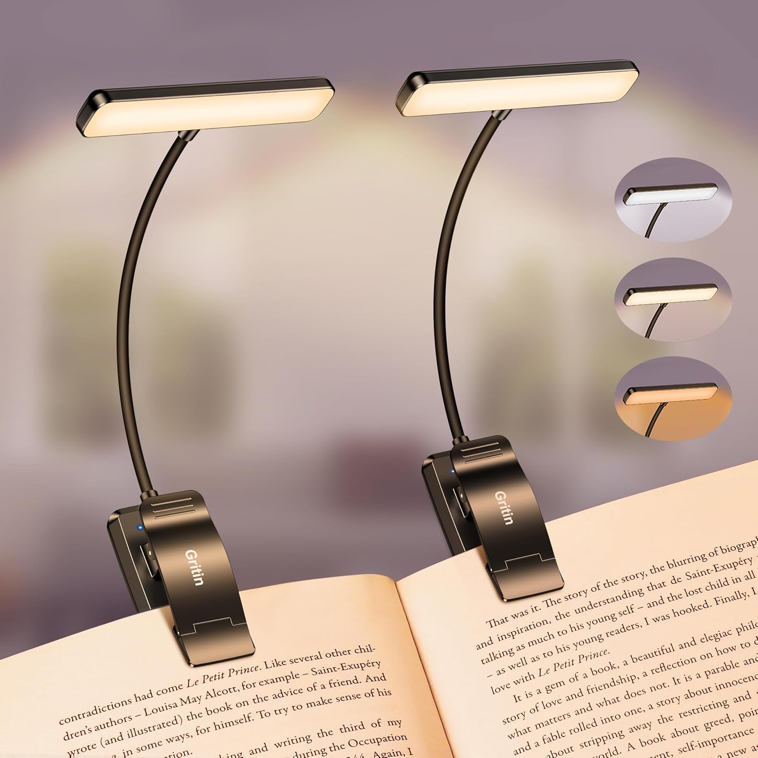 Detalle de Gritin Leselampe Buch Klemme – USB wiederaufladbare 19-LED Leselampe mit 360° Clip, 3 Farbtemperaturen, 2er Pack