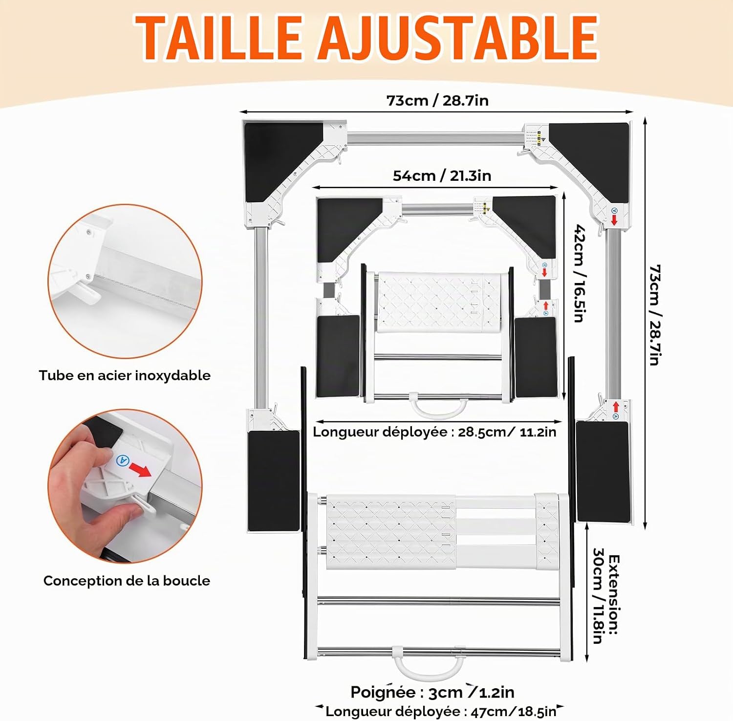 Detalle 2 de MISTRO Kit de Superposition Universel Réglable 42–73 cm avec Tablette et Barre Porte-serviettes – 12 kg