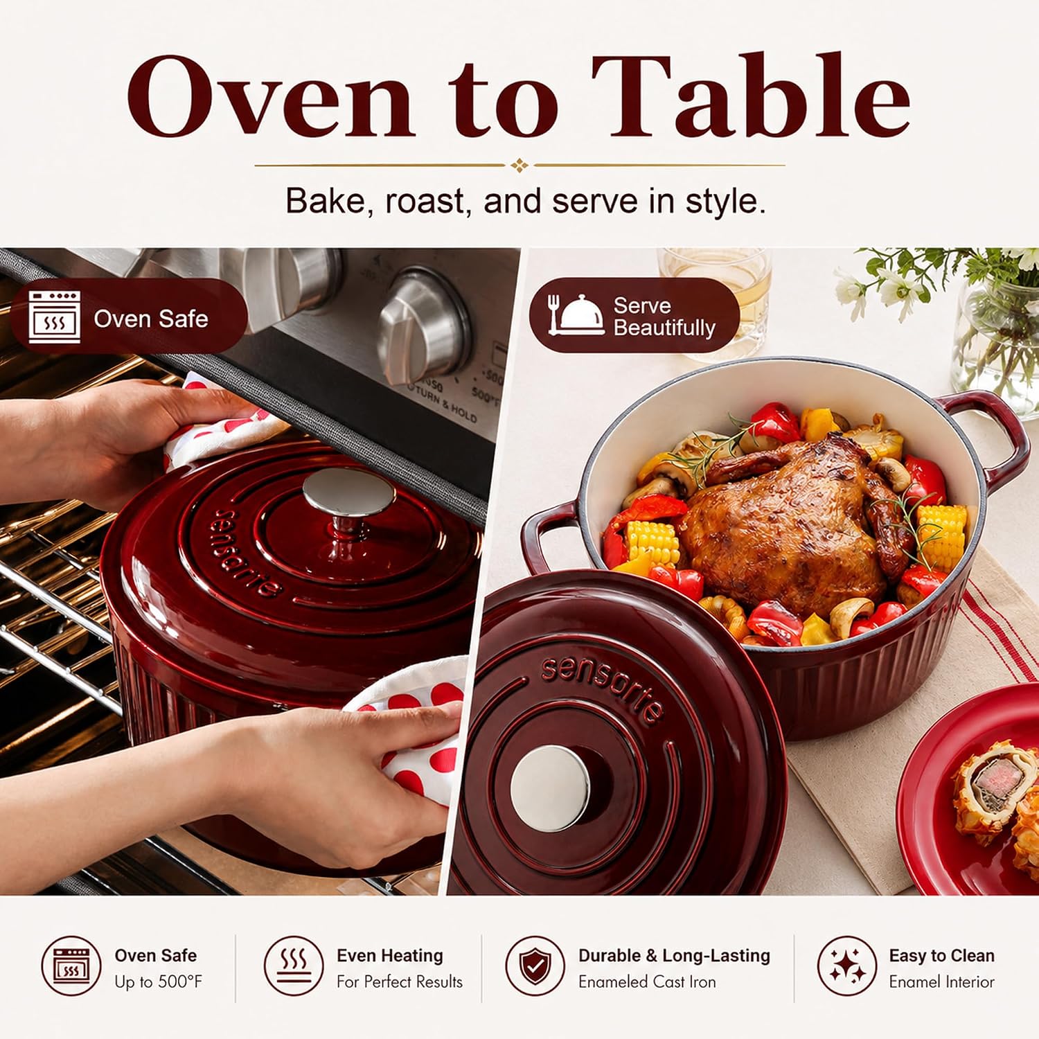 Thumbnail 3 de SENSARTE Enameled Cast Iron Dutch Oven (5.5 Quart) Red with Lid, Dual Handles, Trivet & Cotton Potholders