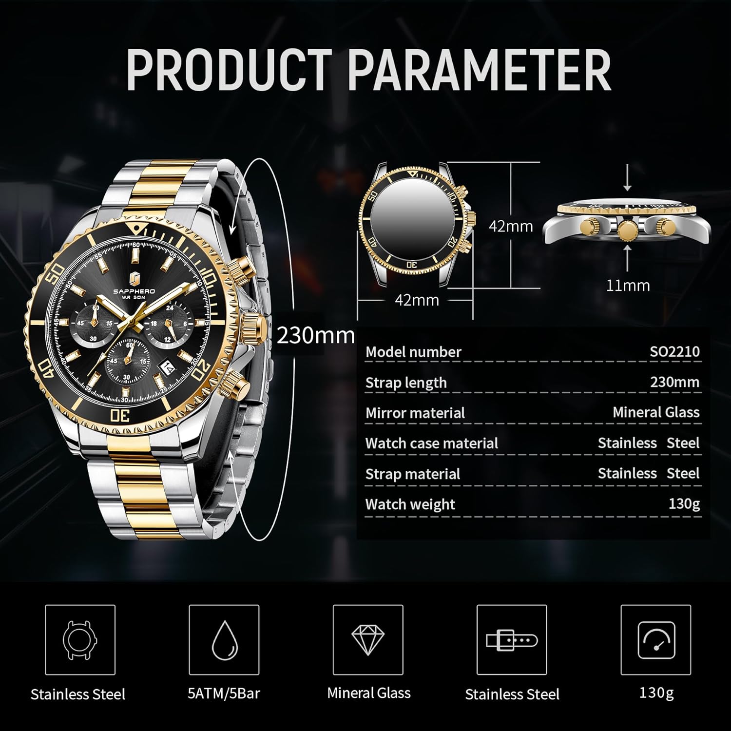 Thumbnail 5 de SAPPHERO Montre Homme en Acier Inoxydable Chronographe 42 mm – Luxe et sobriété