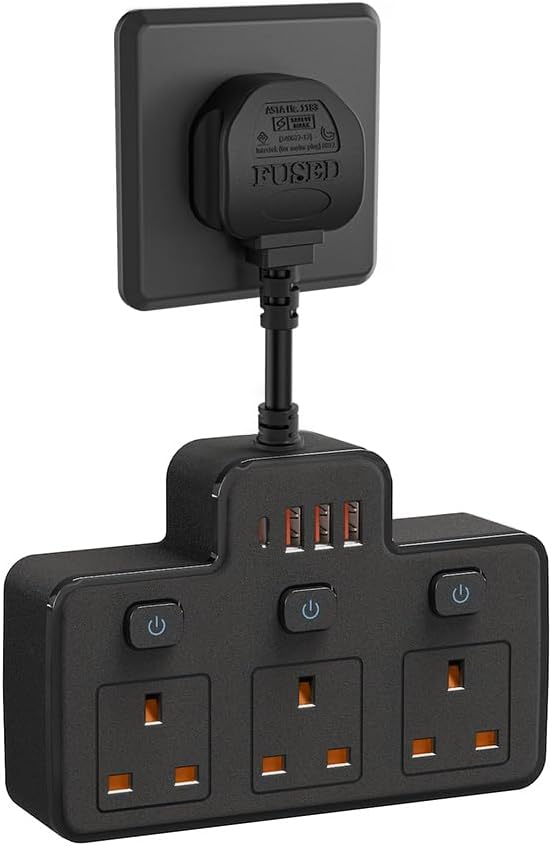 Detalle de Multi Plug Extension with Flexible Plug (3 Way, 3 USB, Individual Switched, Black)
