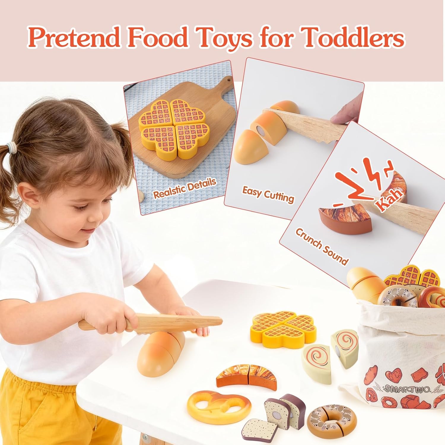 Thumbnail 2 de Smartwo Wooden Food Toys Pretend Play Bakery Set (9-piece bread cutting game for toddlers)