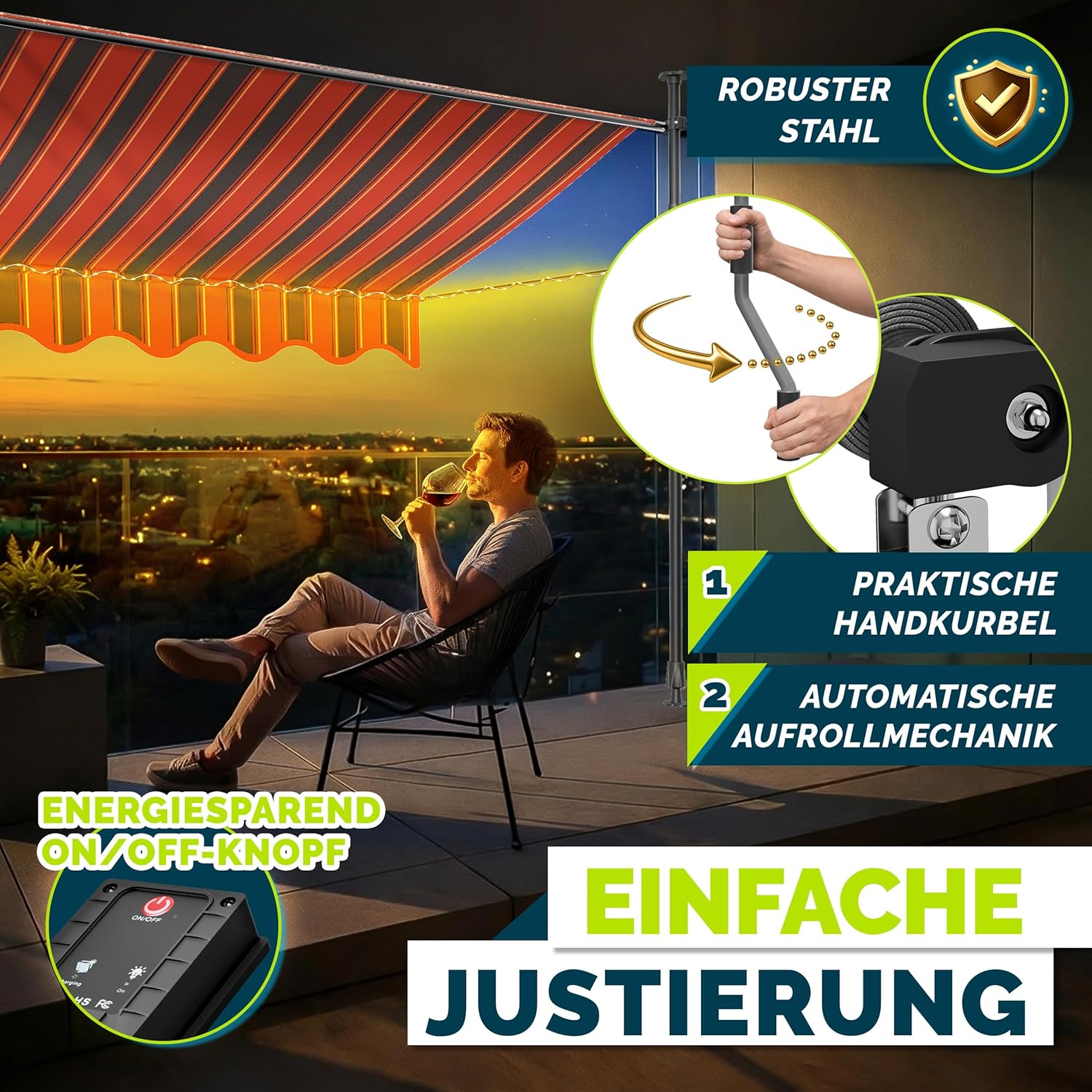 Thumbnail 4 de Tillvex Klemmmarkise mit Handkurbel & LED – 300 cm, Orange-Anthrazit