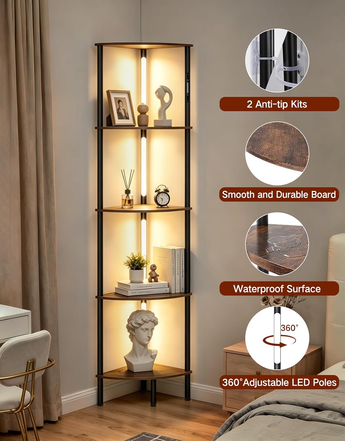 Detalle de OUTONLIFE LED Floor Lamp with Shelves (Rustic Brown) – 3 Colour Temps, Touch & Remote