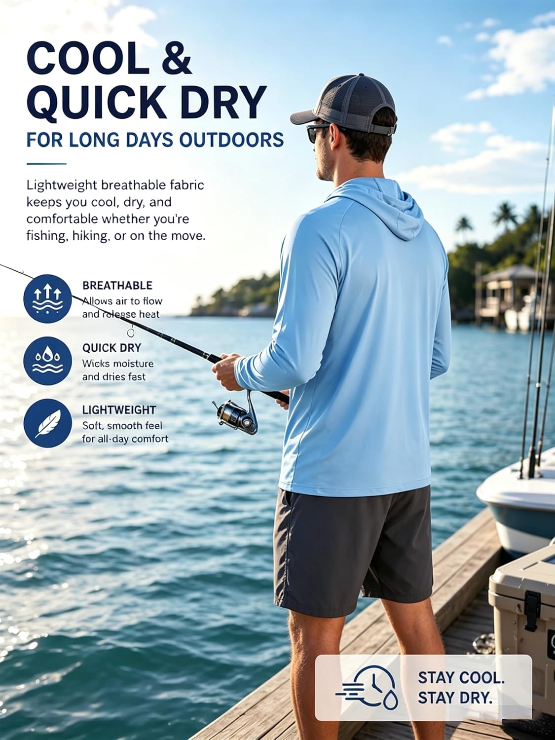 Detalle de ZITY Men's Sun Protection Hoodie Shirt: 3-Pack UPF 50+ Fishing Shirts for All-Day Outdoor Comfort