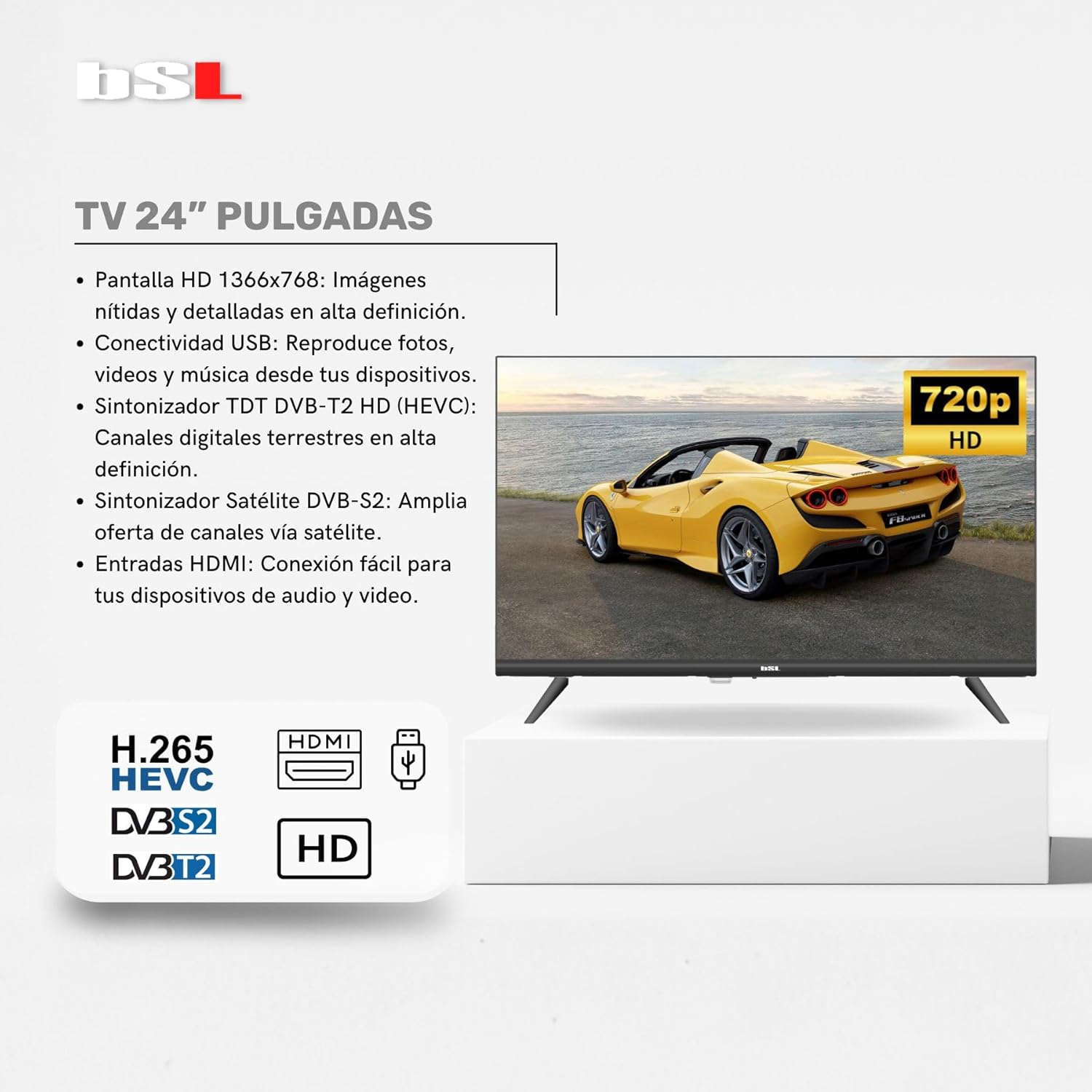 Thumbnail 2 de TV 24" BSL-24T2HDV2: LED HD 1366x768, DVB-T2/S2, 60 Hz, USB e HDMI