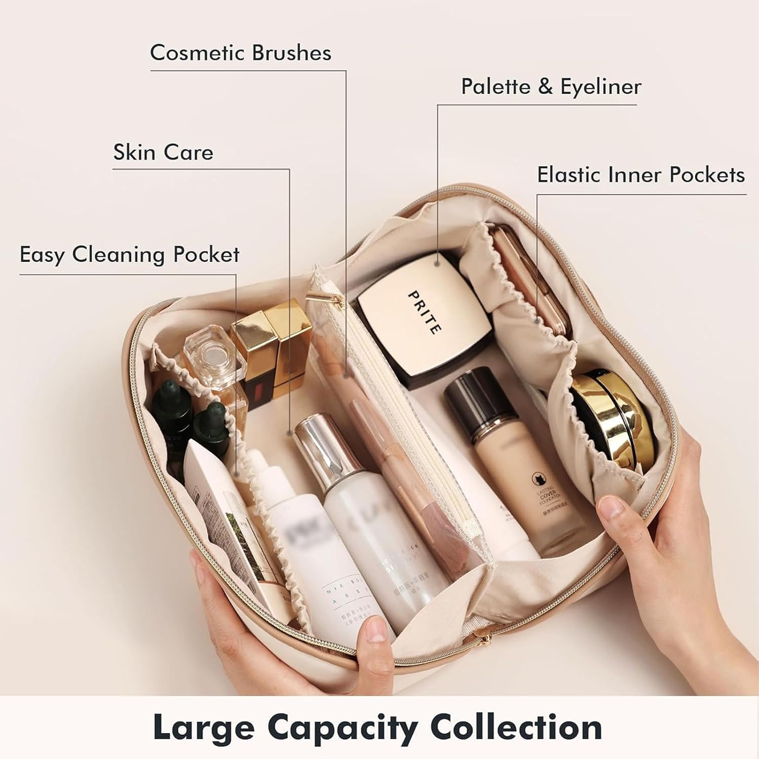 Detalle de Prite Women’s Travel Makeup Bag (Beige) — Waterproof Vegan Leather Organizer with Clear Divider
