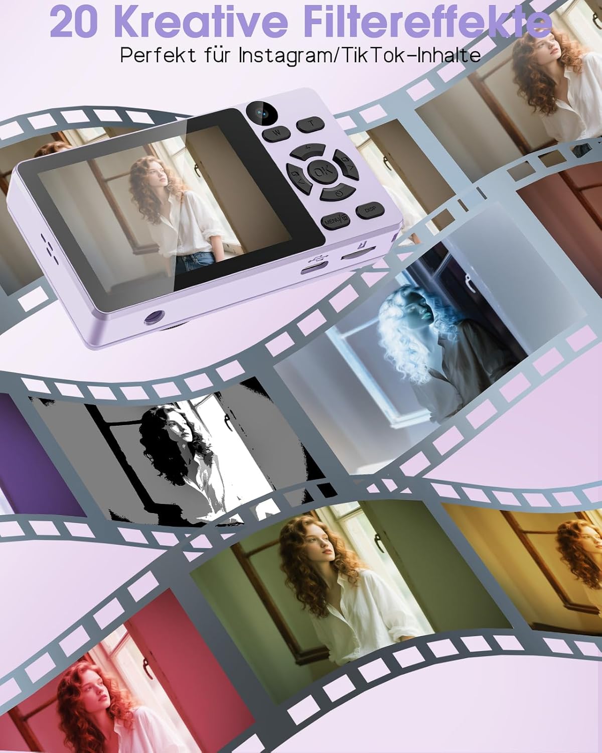 Detalle de Digitalkamera 64MP Fotokamera 4K mit Doppelobjektiv – kompakt, leicht und kreativ (Lila, OHNE SD-KARTE)