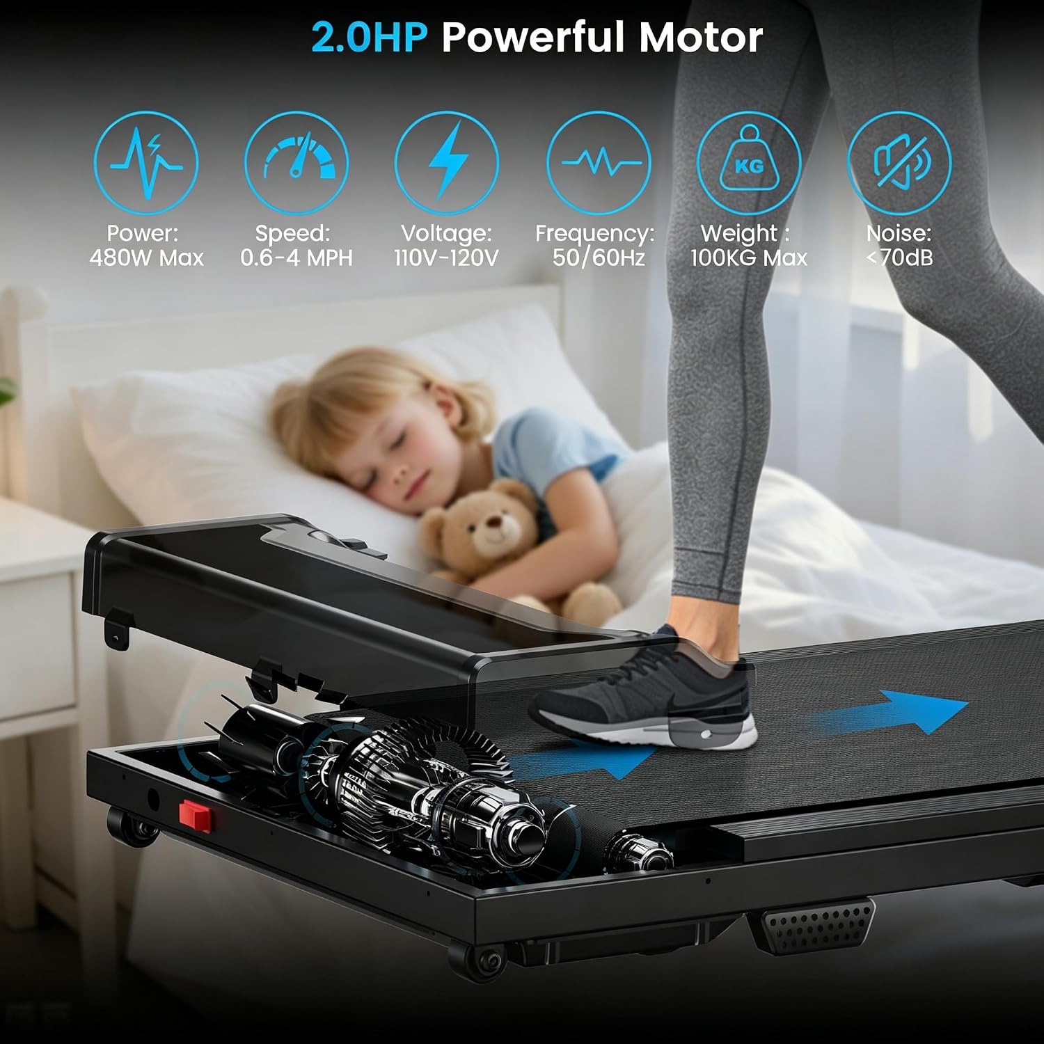 Detalle de Rythkore Walking Pad Treadmill with Remote, 0.6–4.0 MPH, Compact Design