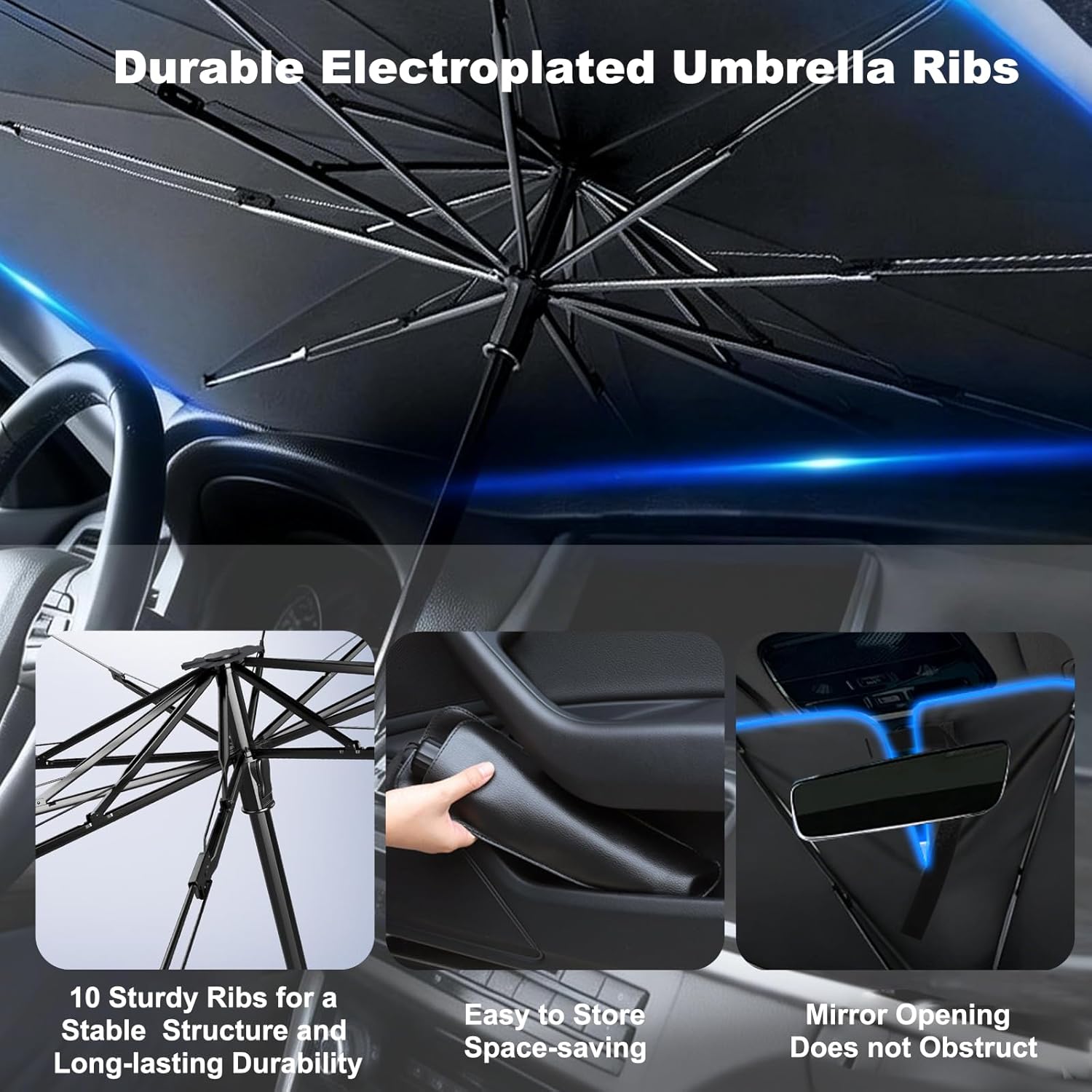Detalle 2 de BIRDDIE Ombrello parasole per parabrezza auto – protezione UV mult Angolo, custodia in pelle