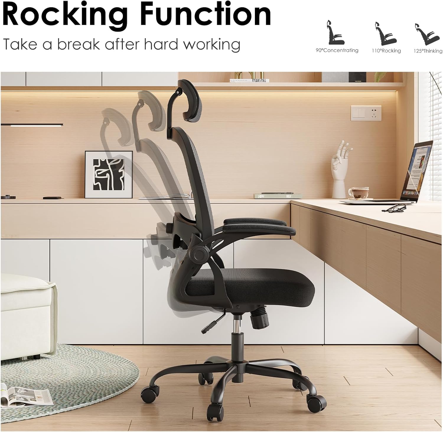 Thumbnail 5 de Farini High Back Executive Office Chair with Adjustable Support, Flip-Up Arms & Ergonomic Design – All Black