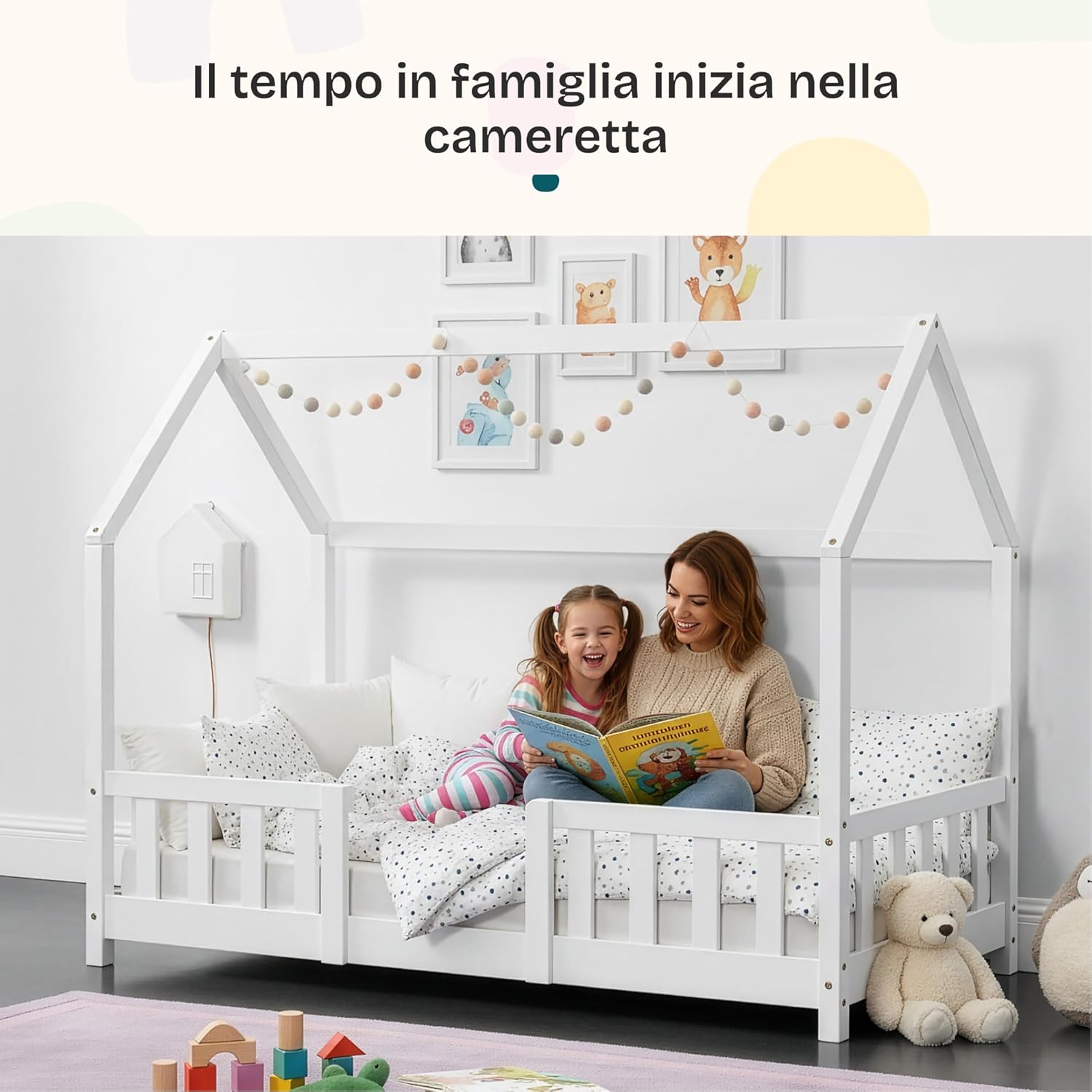 Thumbnail 3 de [en.casa] Letto casetta per cameretta singolo per bambini con barriere di protezione in legno di pino 80x160 cm bianco