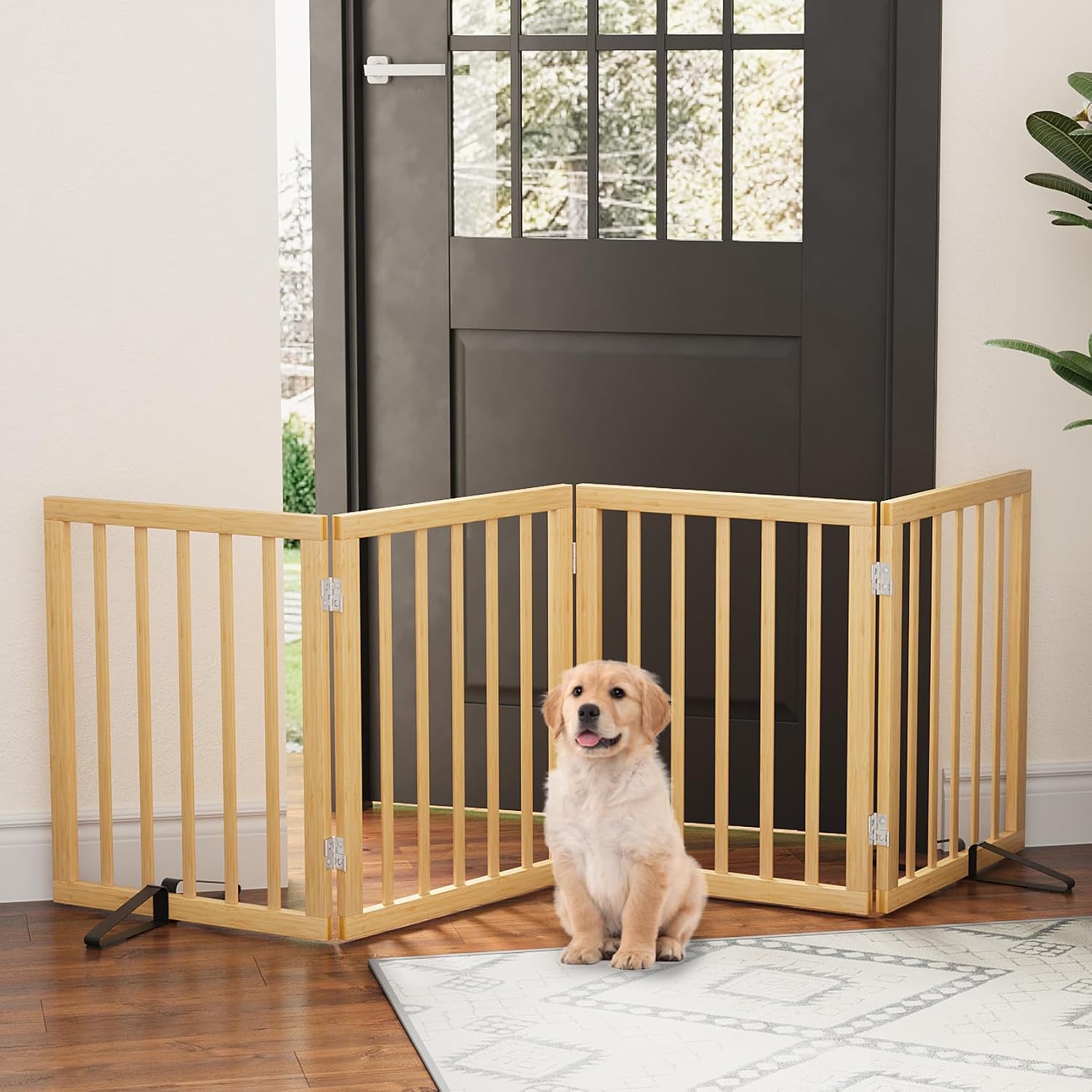 Detalle 2 de Hundegitter freistehend für Türen – 4 Paneele, Naturholz, faltbar, Innenbereich