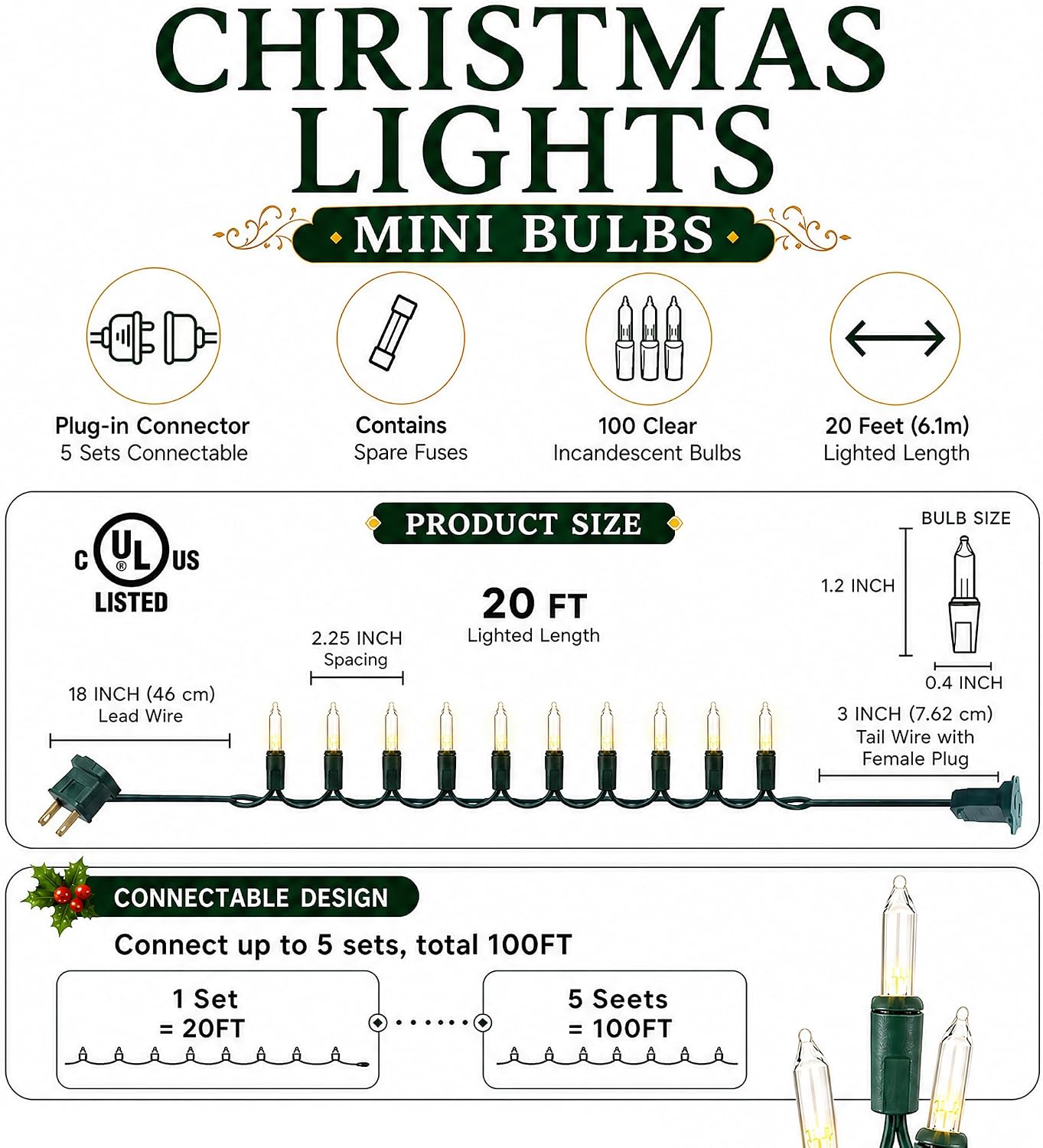 Thumbnail 1 de TW SHINE ZF-100-2/SB Incandescent Christmas Lights, 100 Warm White Bulbs, 20 ft