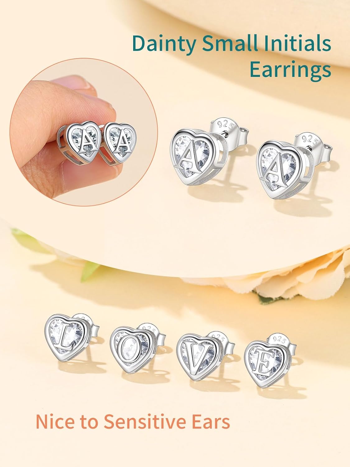 Detalle 2 de Supcare Orecchini Donna Argento 925 con Cuore e Lettera Iniziale A–Z | Zirconi Anallergici, Confezione Regalo