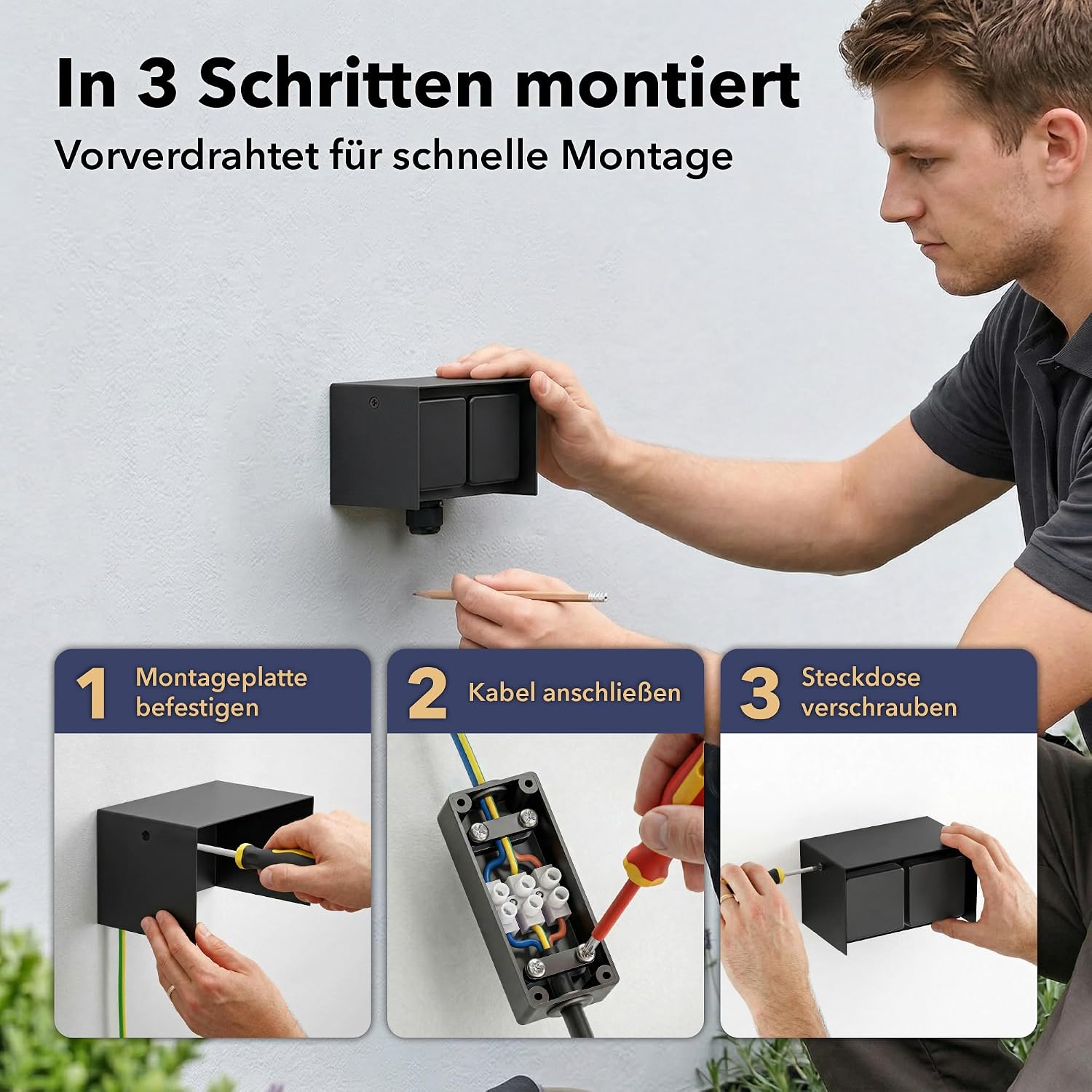 Detalle 2 de ledscom.de Außensteckdose 2-fach STEDDA, IP44, Edelstahl schwarz (waagerecht) – für Garten & Terrasse