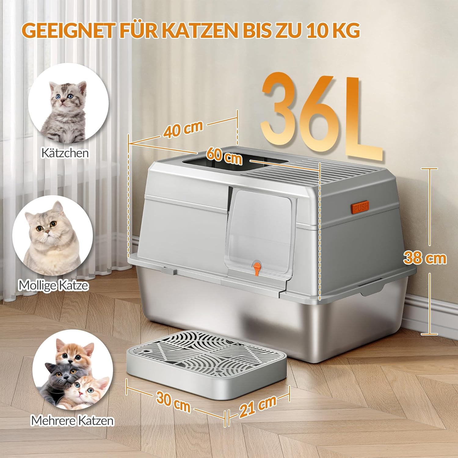 Thumbnail 4 de Fobyfurny Katzenklo aus Edelstahl mit Deckel (XL, 60 x 40 x 38 cm) – geschlossen mit Trittstufe, Schaufel und zwei Eingängen