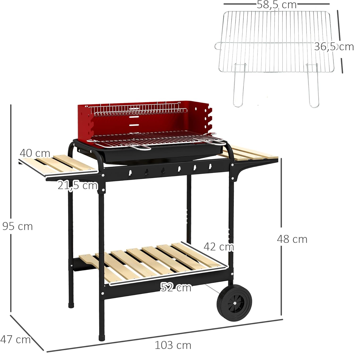 Thumbnail 6 de Outsunny barbecue à charbon sur pied avec gril réglable, 2 roues et 3 étagères (103 x 47 x 95 cm) rouge