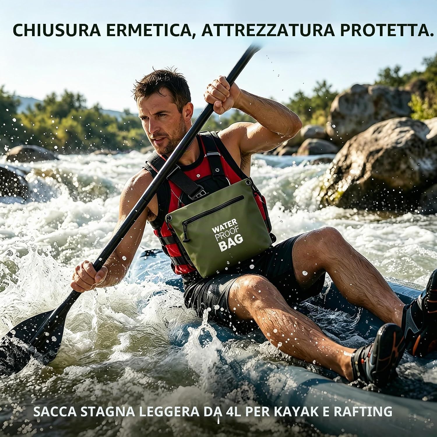 Detalle de BLUEVER Borsa Impermeabile a Tracolla con Cerniera Ermética da 4L – Verde militare