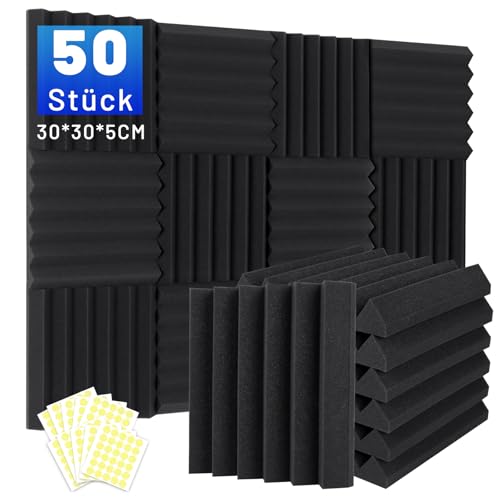 Detalle de Focusound 50 Stück Akustikschaumstoff Schalldämmung 30x30x5 cm – Hochdichte Schallabsorber mit Klebekleben