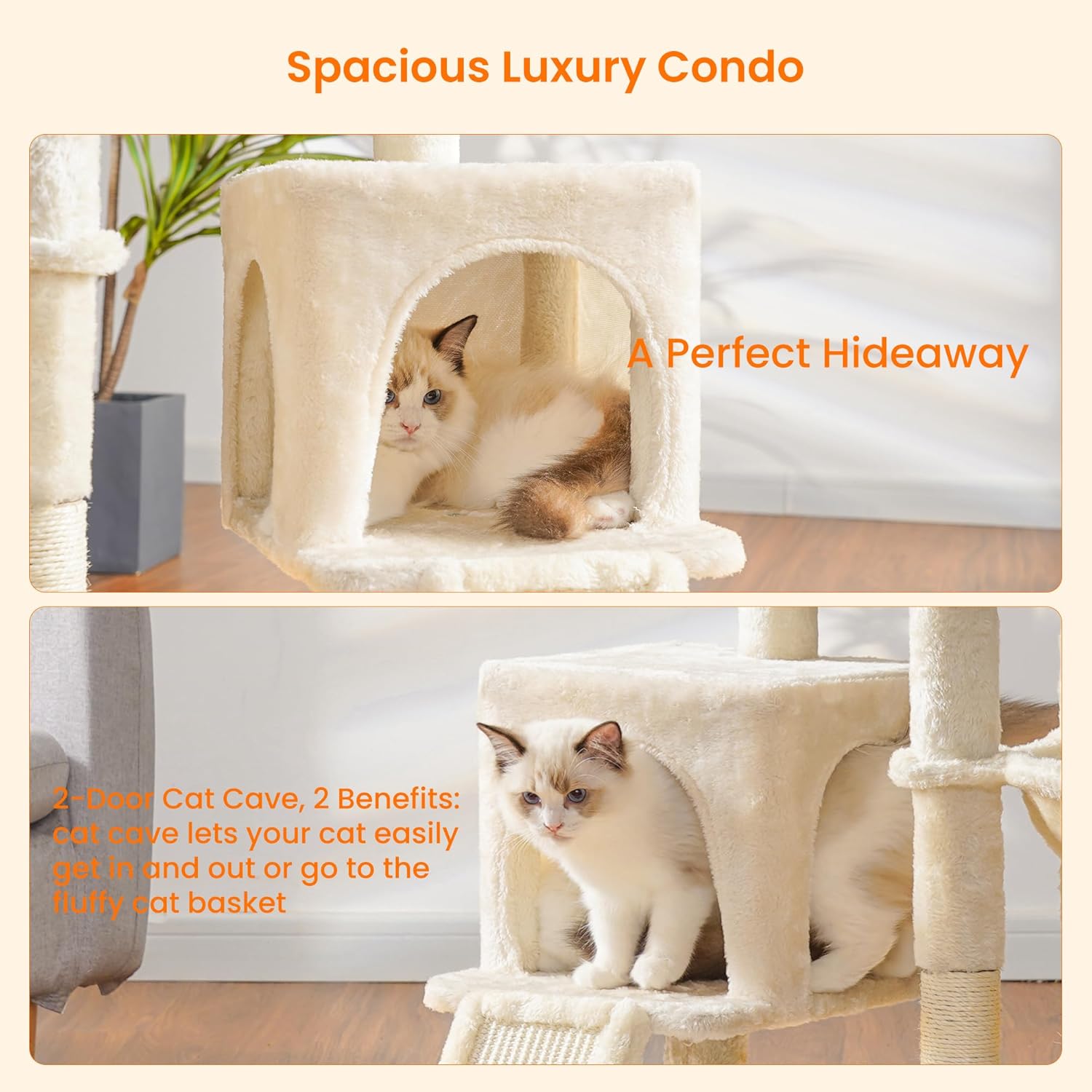 Detalle de Heybly Cat Tree with Self Groomer Brush (108cm) HCT005SM – beige cat tower with scratching post, padded perch & basket