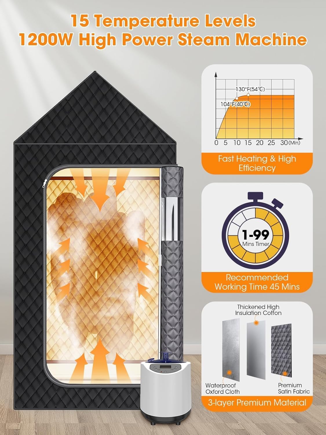 Thumbnail 2 de MQFORU Portable Steam Sauna (195 x 90 x 90 cm) with 3L & 1200W Steamer, Remote Control, Folding Chair, Mat & Foot Massager