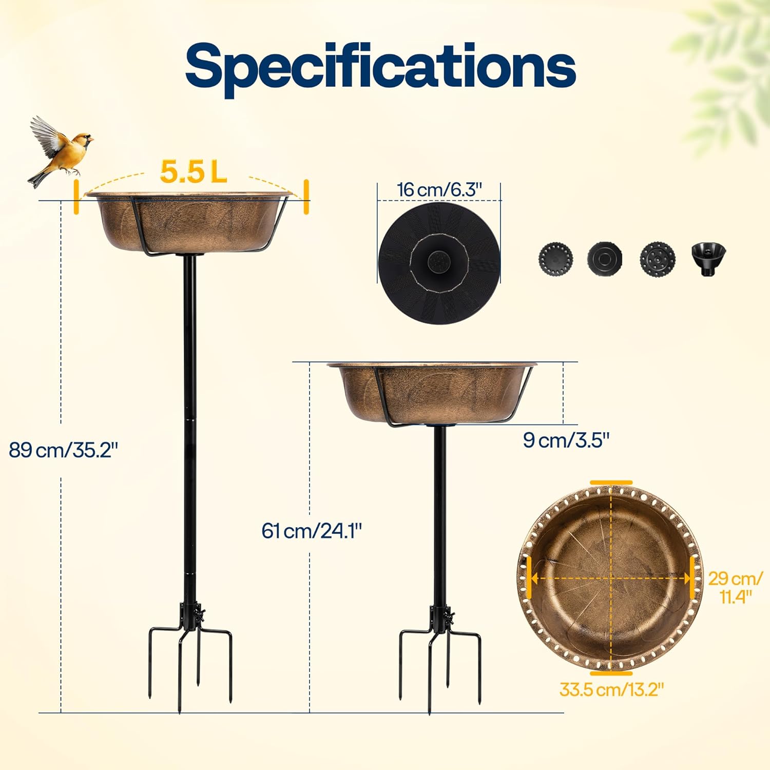 Thumbnail 2 de VIVOHOME Solar Bird Bath with Sun-Powered Fountain (Retro Copper) – garden bird drinking bowl & bath combo