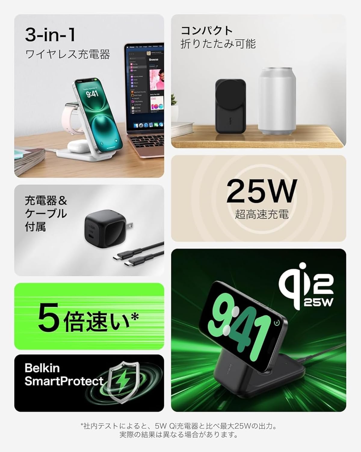 Detalle de Belkin Qi2 25W 3-in-1ワイヤレス充電器 折りたたみ式・冷却ファン搭載 ホワイト