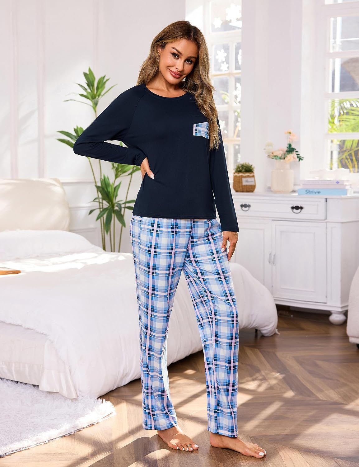Detalle 2 de Uniexcosm Chemise de Nuit Femme en coton, pyjama hiver 2 pièces à carreaux (col ras du cou, manches longues, pantalon)