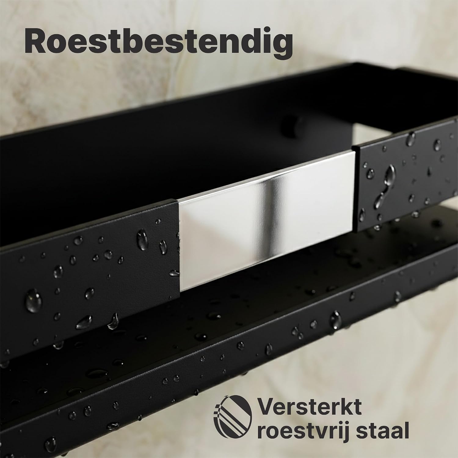 Detalle de Minismus doucherek met verplaatsbare haken en veiligheidsrail, zwart roestvrij staal