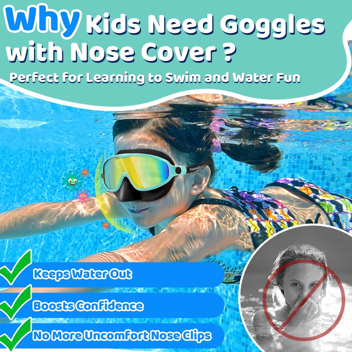 Detalle de Vvinca 2-Pack Swim Goggles with Nose Cover for Kids — Wide View, Anti-Fog, UV Protection