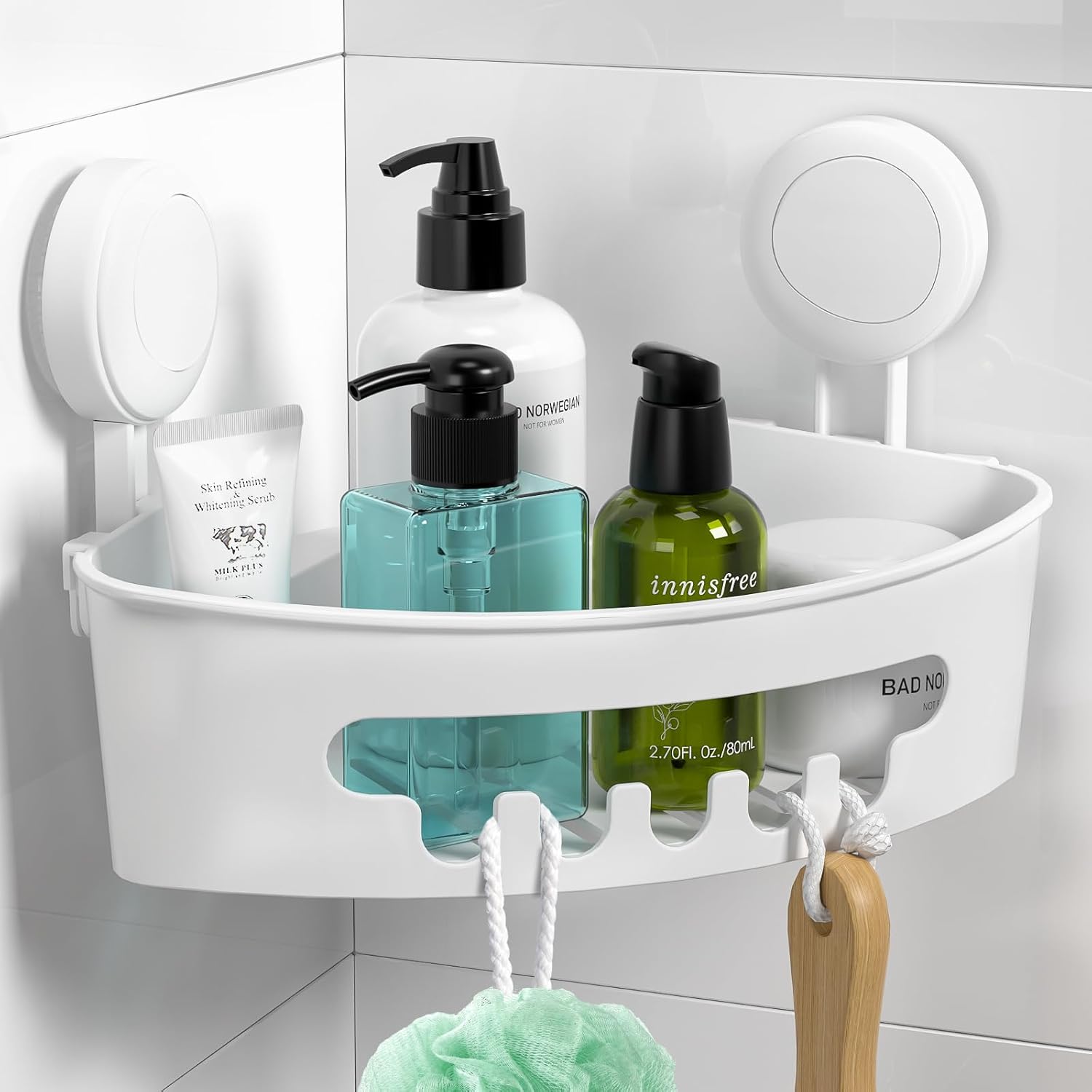 Detalle de ilikable Corner Shower Caddy Vacuum Suction Cup Organizer (Milky White) – No Drilling, Removable Shelf with Hooks