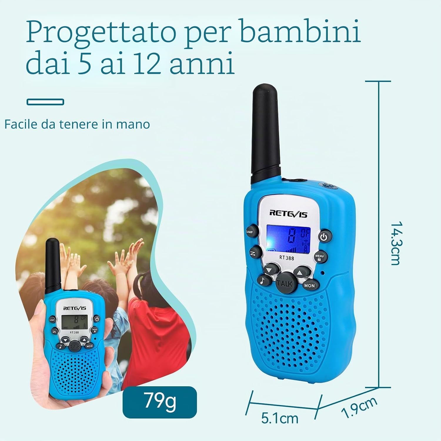 Detalle de Retevis RT388 Walkie Talkie Bambini PMR446 con VOX, torcia e 8 canali (1 coppia, blu) per 4-12 anni
