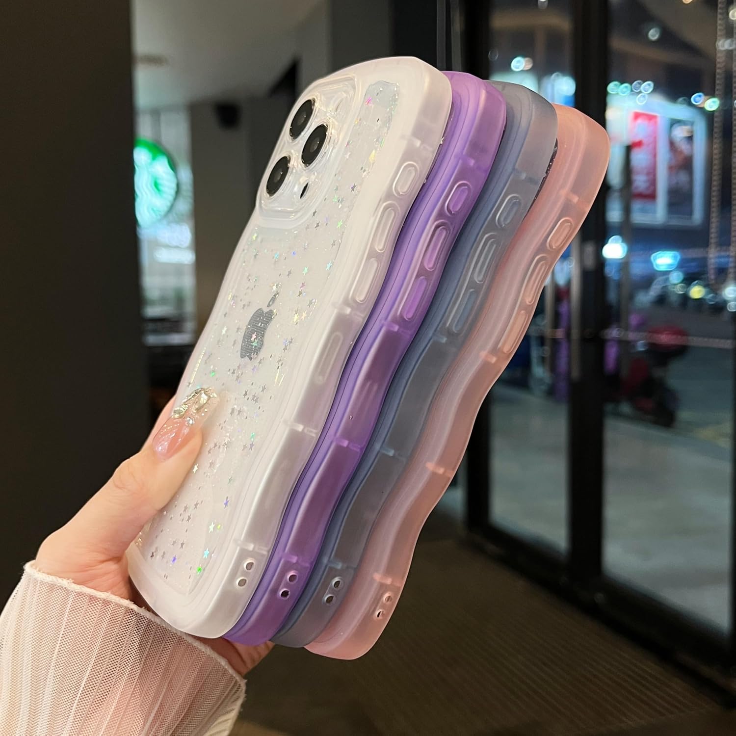 Detalle de ZTOFERA Handyhülle für iPhone 14 Pro (6,1") – transparente TPU-Schutzhülle mit Wellenrahmen und Sternen-Design, violett