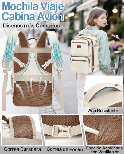 Detalle de Mochila LYNXCHER 40x30x20 cm — 24 L, cabina de avión Aprobada, 15,6" portátil, Beige