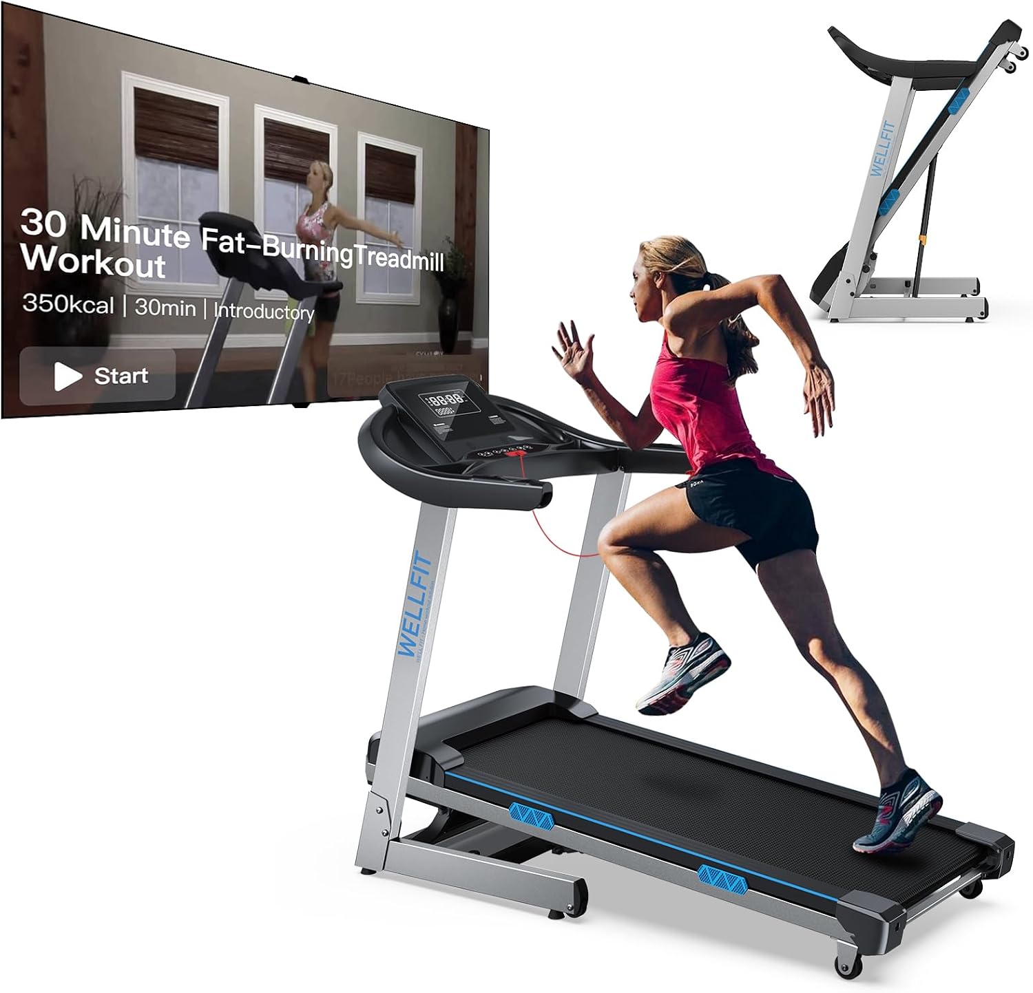 Detalle de WELLFIT TM007 Treadmill, 400-lb Capacity, 15% Auto Incline, 18 x 43 in Deck