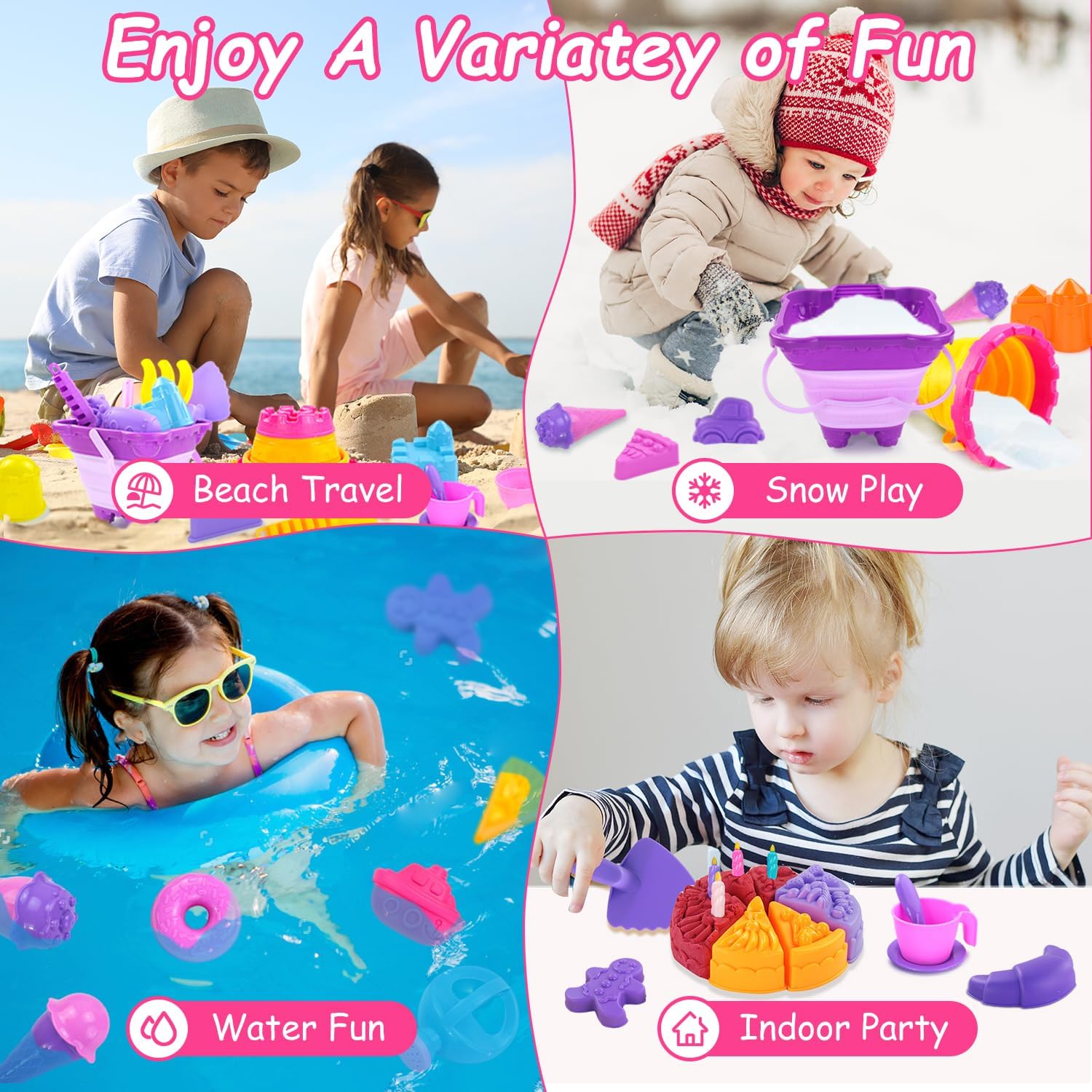 Detalle de Elovien Beach Sand Toys set (50 pcs) with 2 collapsible sand buckets and mesh backpack bag