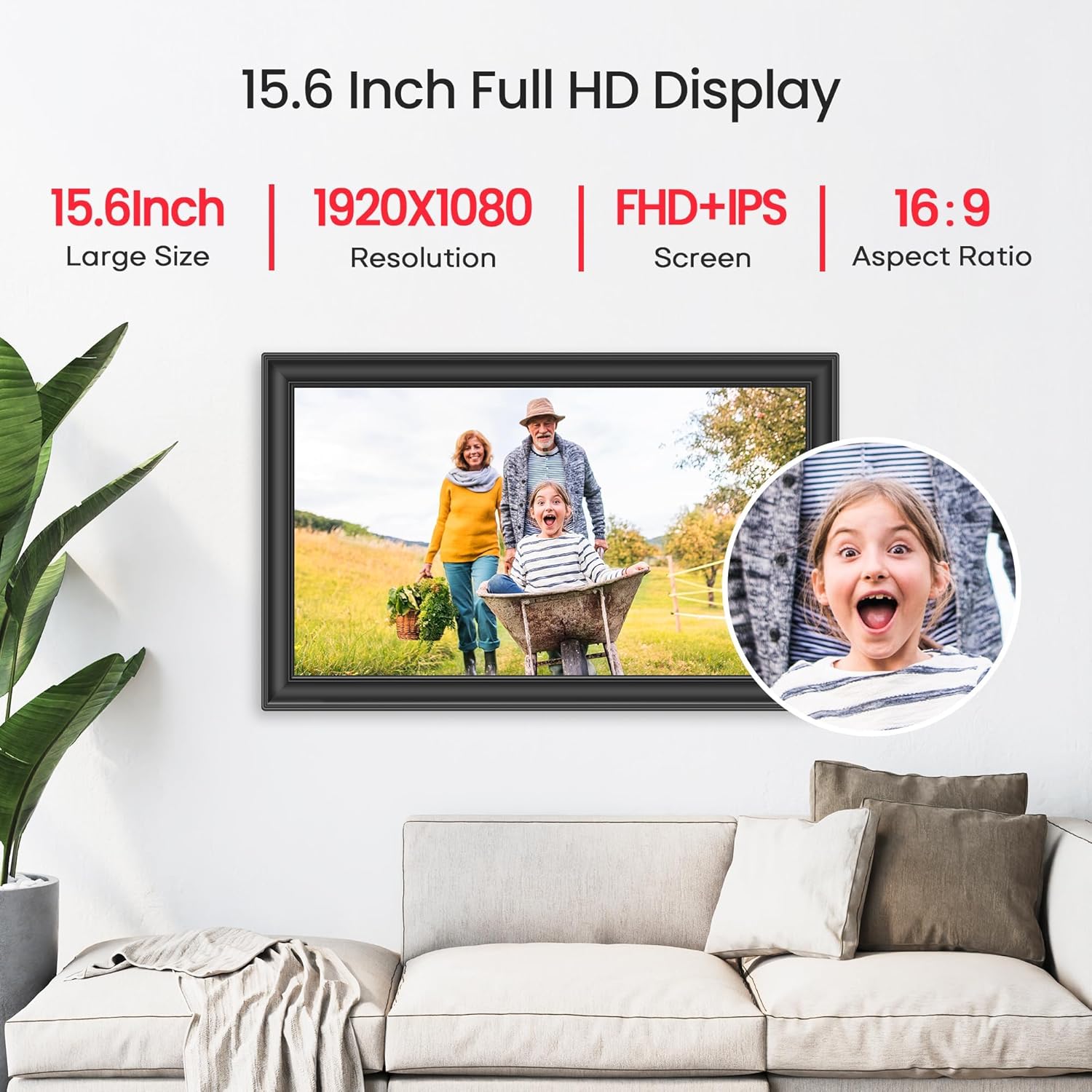 Thumbnail 3 de 64GB 15.6" Frameo WiFi Digital Photo Frame (Black) – 1920×1080 FHD Touch Screen, Auto Rotate, Wall Mountable