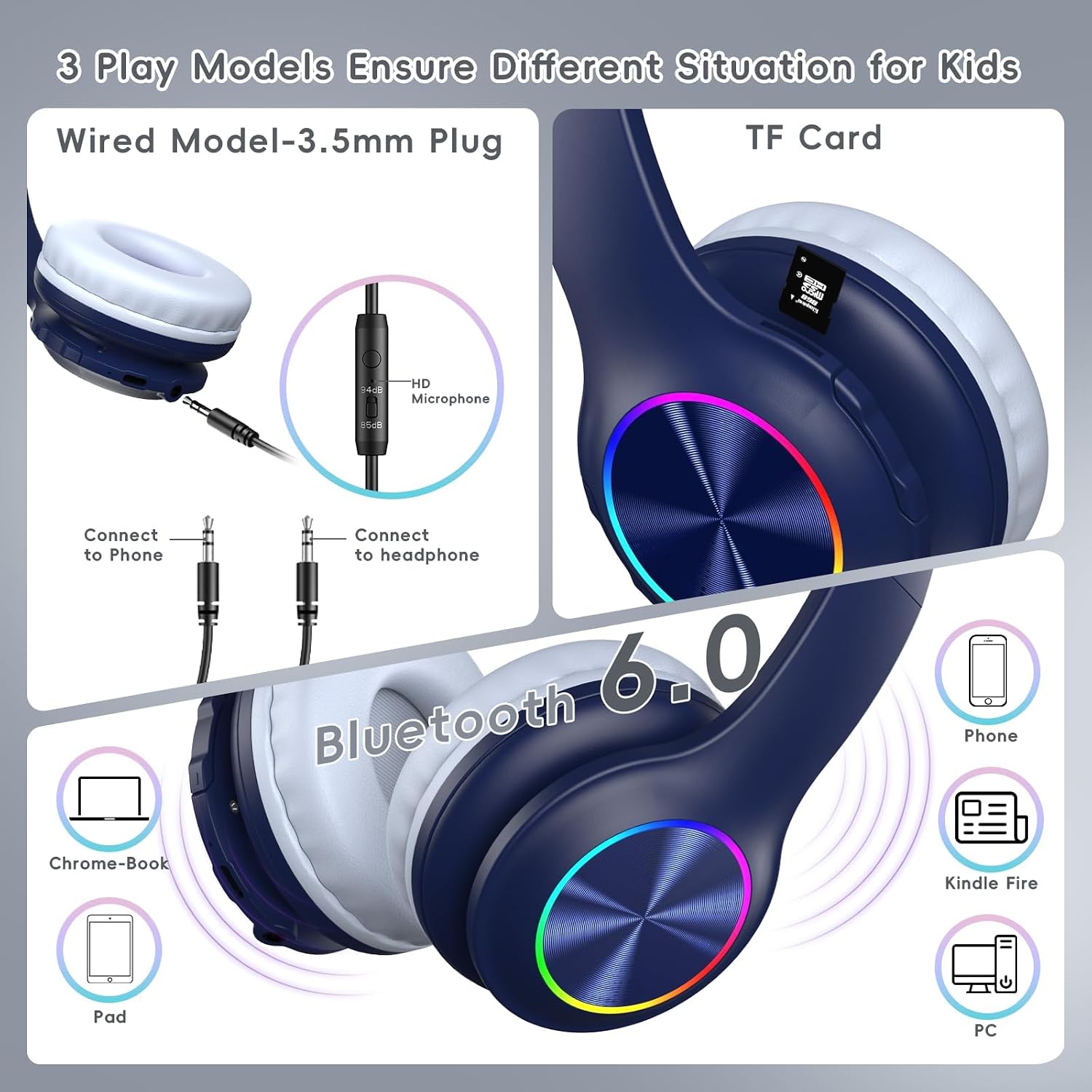 Detalle 2 de Candy Bila Bluetooth Kinderkopfhörer „Marineblau“ mit LED, HD-Mikrofon und 85h Spielzeit