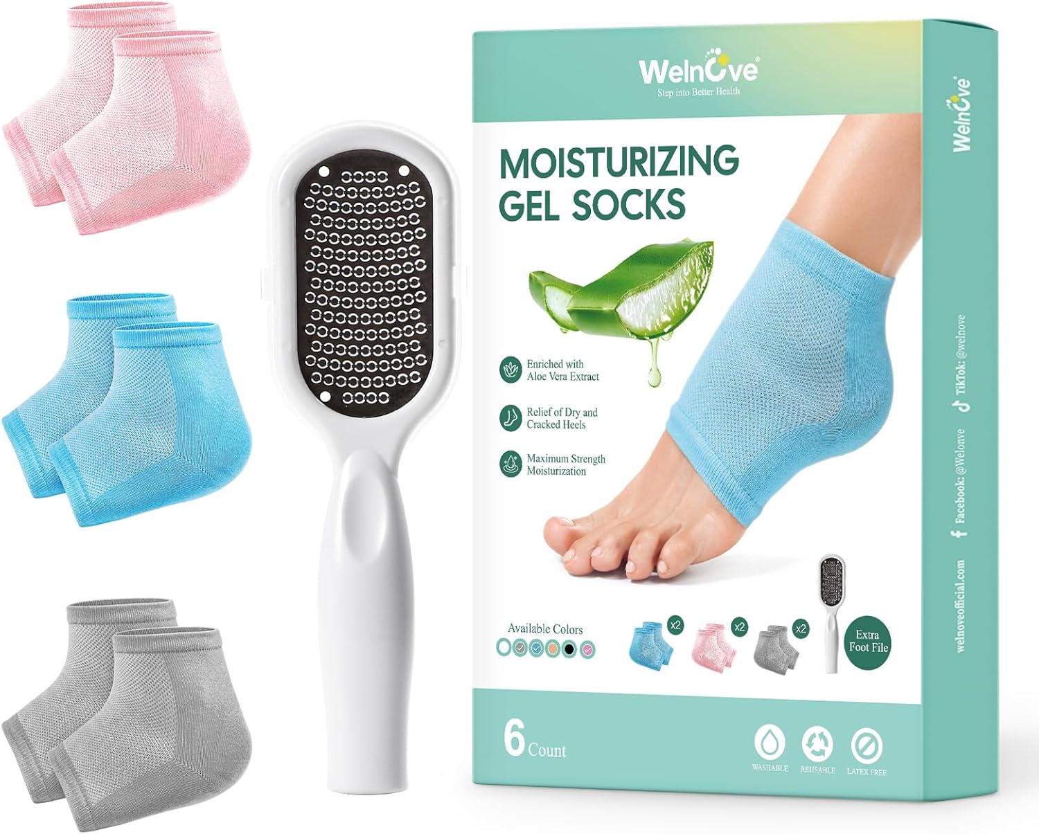 Detalle de Welnove Moisturizing Heel Socks – Aloe Vera Gel Lining (3 Pairs) with Extra Large Foot File