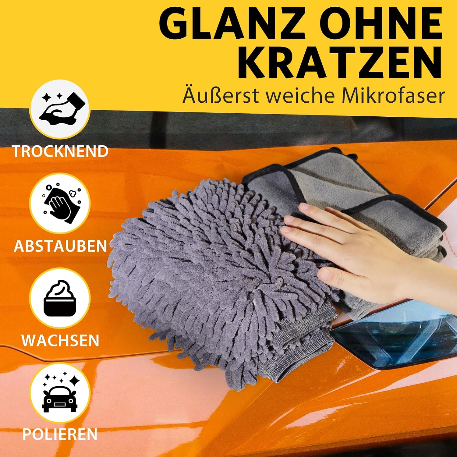 Detalle de KEYAYE Autopflege-Set mit 3 Mikrofasertüchern & 2 Mikrofaser-Waschhandschuhen (600 GSM, 40x30 cm)