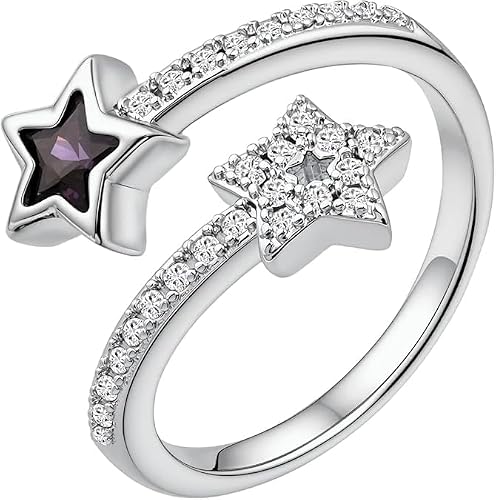 Detalle de Zikichiky Silver Amethyst Cubic Zirconia Double Star Adjustable Ring