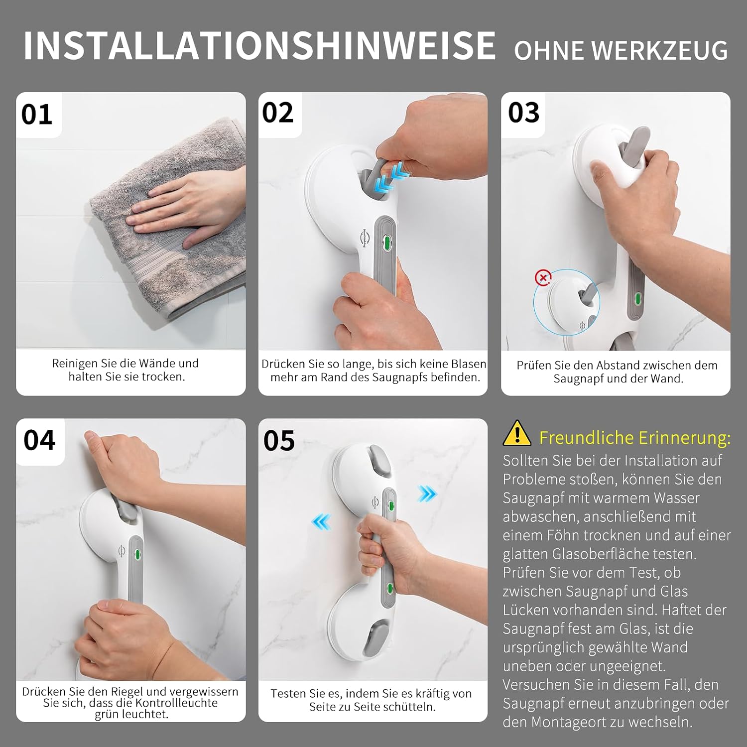 Detalle de Newthinking Haltegriff mit Saugnapf – 30 cm, 2 Stücke für Dusche und Bad