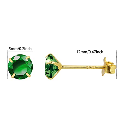 Detalle 2 de Weviway 5mm Emerald Green Stud Earrings – 925 Sterling Silver, 18K Gold Plated, Hypoallergenic