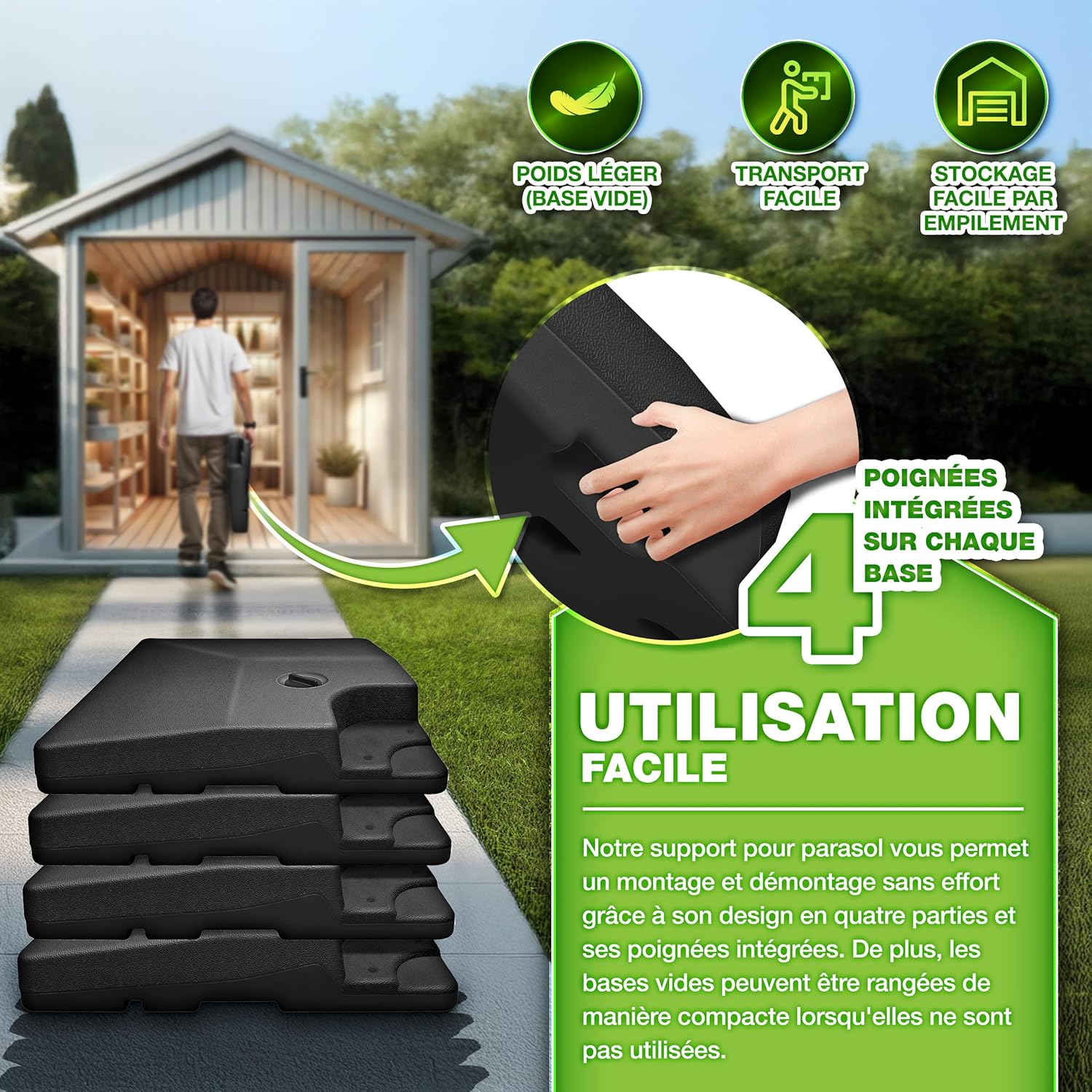Thumbnail 1 de tillvex Lestage & Dalles Carrées pour Parasol Déporté – Base à remplir 90 L d’eau / 120 kg de sable, 4 pièces
