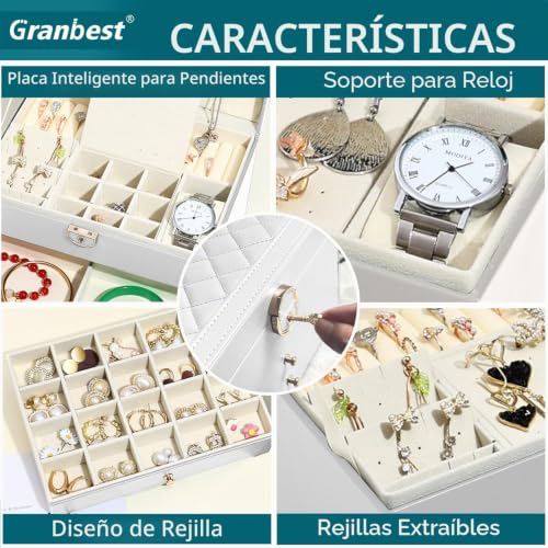 Thumbnail 2 de Granbest Joyero de 3 capas con 2 cajones – joyero de piel elegante para collares, pulseras, anillos y pendientes (blanco)