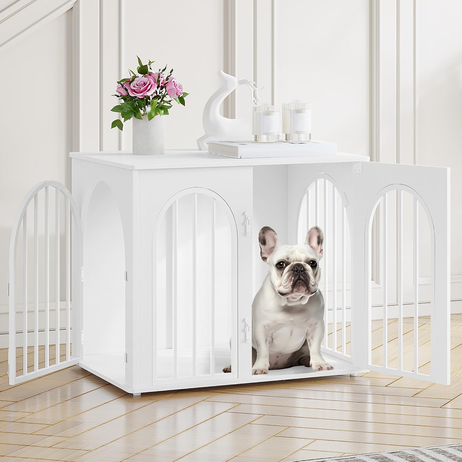 Cage pour chiens Hzuaneri 68 cm avec 3 portes et façade arrondie, blanc