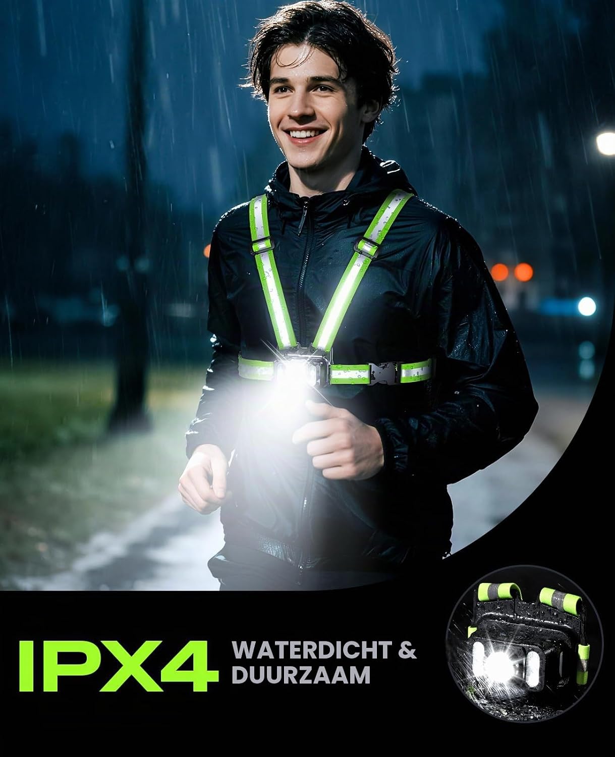 Detalle de Mohard WDB81 hardloopvest met 550 lumen, zijlicht en 360° reflectie