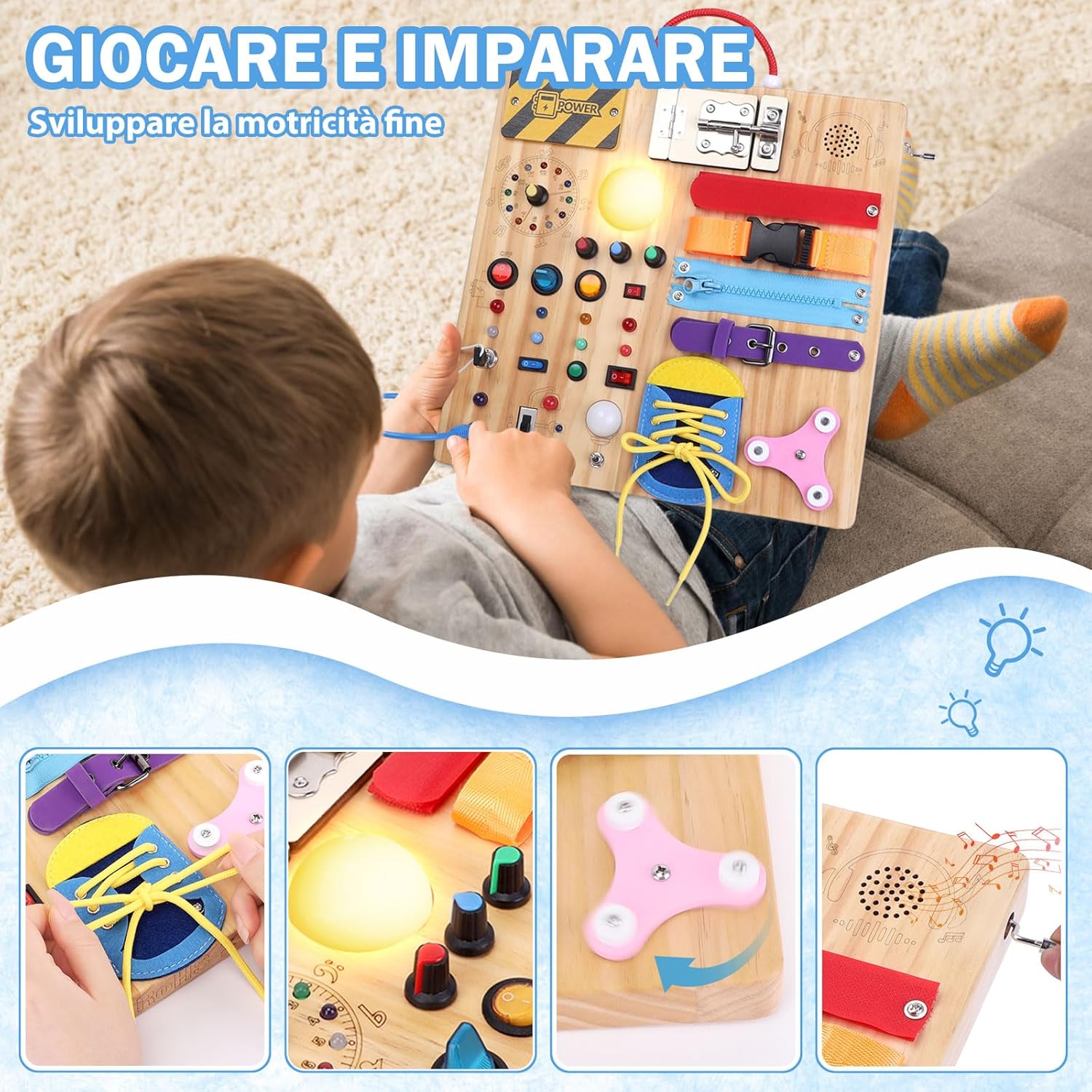 Thumbnail 3 de Konijiwa busy board Montessori 23 in 1 in legno con luci LED e 15 interruttori